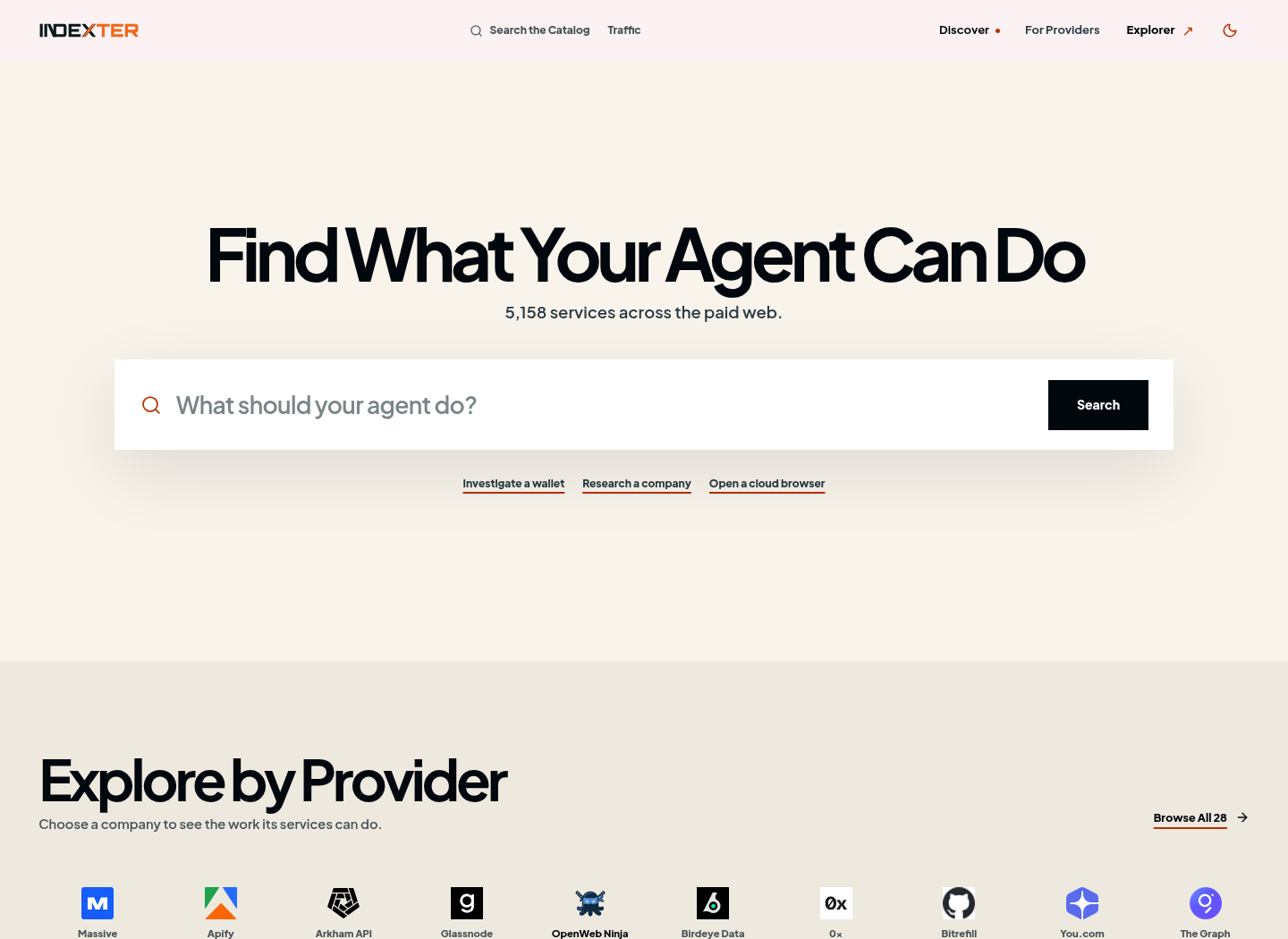 Indexter's discovery page with a task search and the Explore by Provider section.