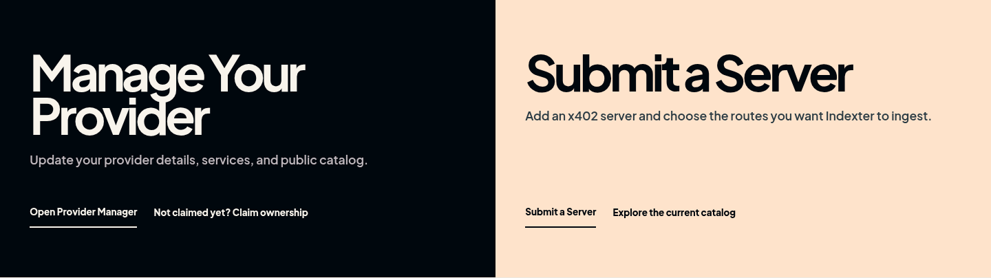 Indexter provider actions: Open Provider Manager, Claim ownership, and Submit a Server.