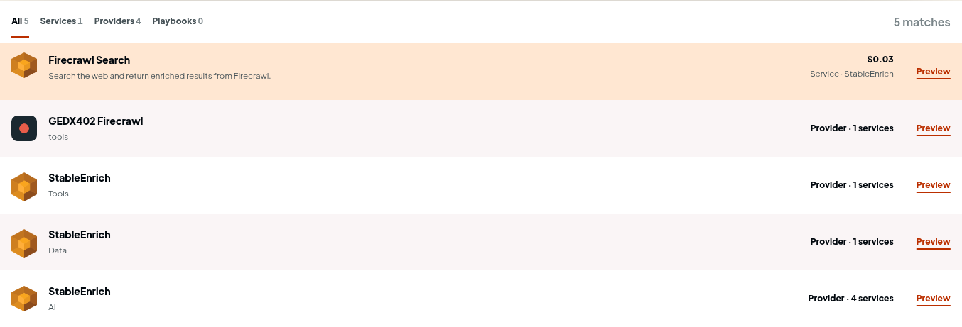 Indexter search results for Firecrawl search, with All, Services, Providers, and Playbooks filters.