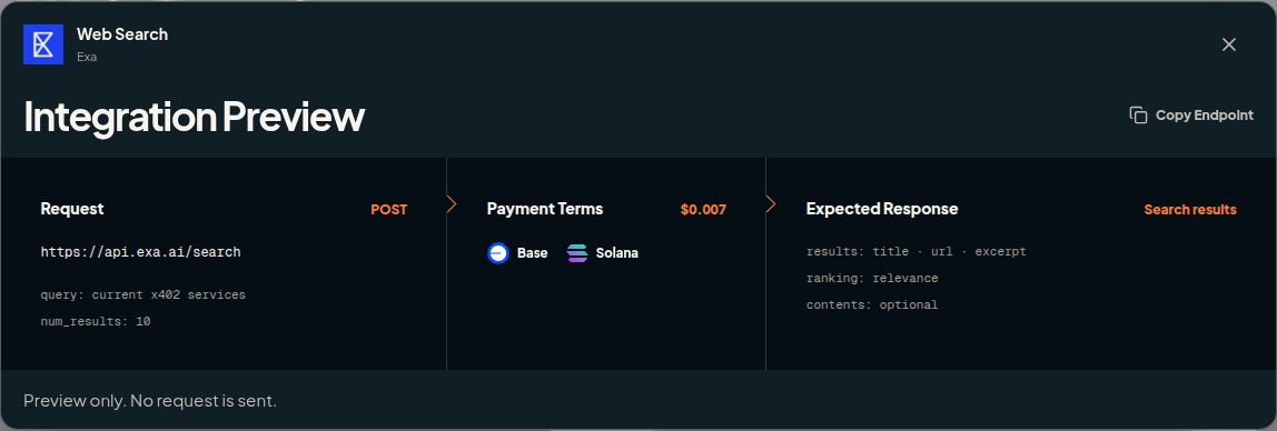 Indexter Integration Preview with an Exa Web Search price and Base and Solana payment options.