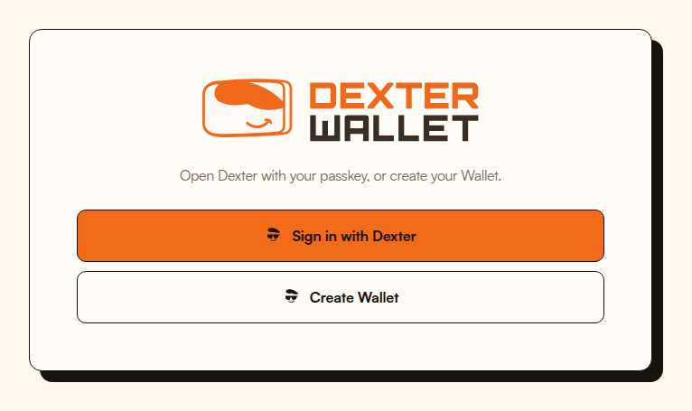 Dexter Wallet entry screen with Sign in with Dexter and Create Wallet controls.